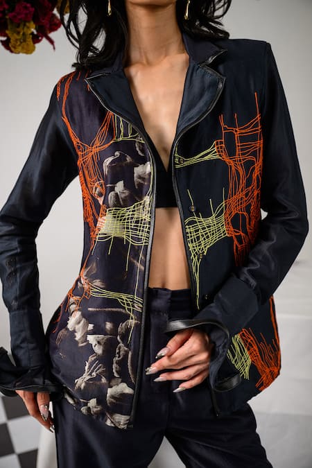 The Dramebaaz CO_Black Chanderi Floral, Abstract Web Lapel Interwine Print Blazer With Pant _at_Aza_Fashions