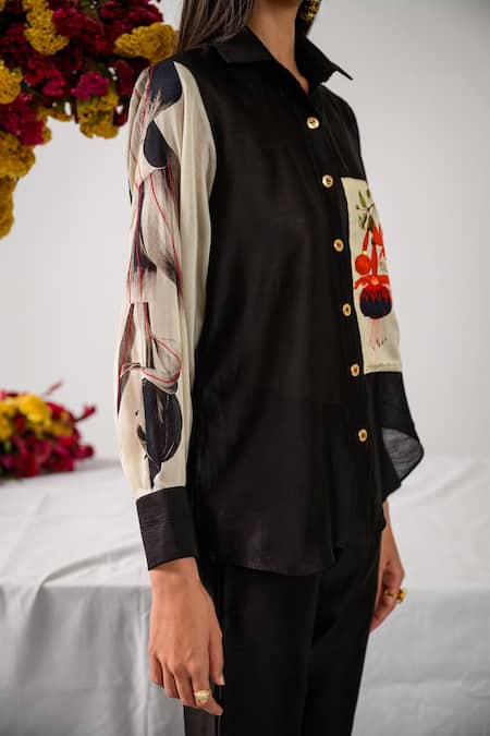 The Dramebaaz CO_Black Chanderi Embroidery, Sequins Collared Floral Print Embellished Shirt _Online_at_Aza_Fashions