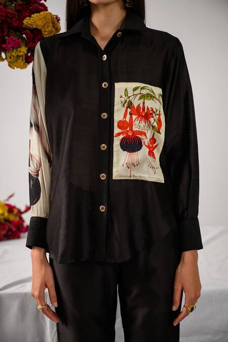 Buy_The Dramebaaz CO_Black Chanderi Embroidery, Sequins Collared Floral Print Embellished Shirt _Online_at_Aza_Fashions