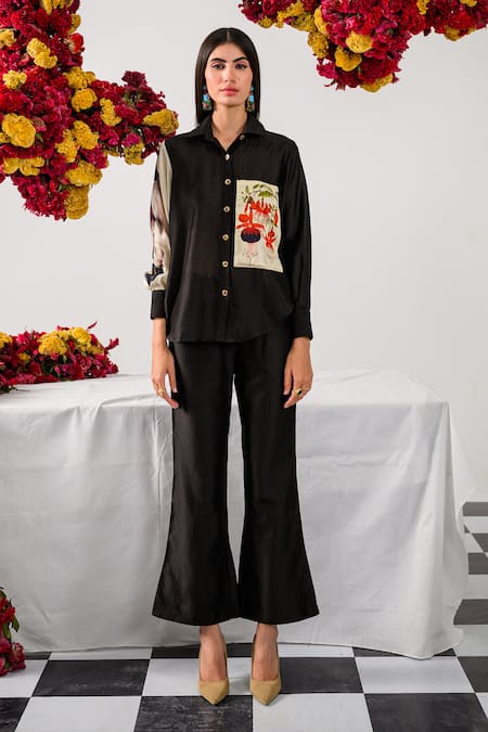 Shop_The Dramebaaz CO_Black Chanderi Embroidery, Sequins Collared Floral Print Embellished Shirt _Online_at_Aza_Fashions