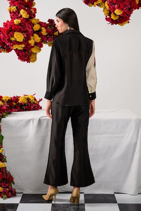 The Dramebaaz CO_Black Chanderi Embroidery, Sequins Collared Floral Print Embellished Shirt _at_Aza_Fashions