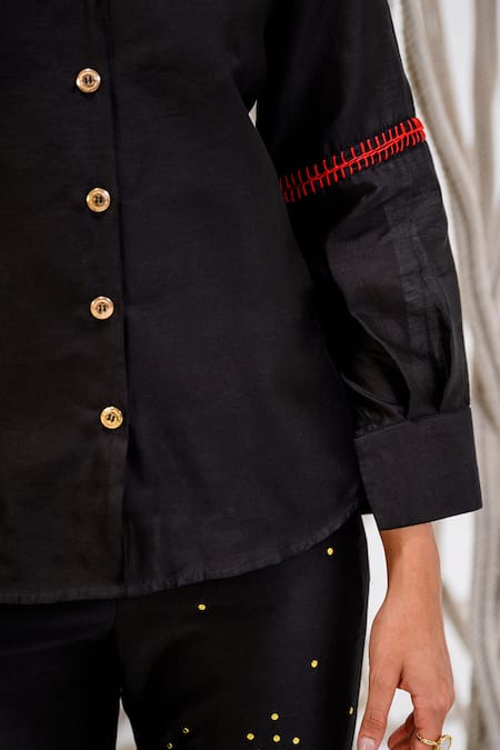 The Dramebaaz CO_Black Chanderi Floral, Anchor Thread Lapel Collar Flame Print Shirt _Online_at_Aza_Fashions