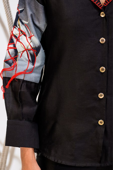 Buy_The Dramebaaz CO_Black Chanderi Floral, Anchor Thread Lapel Collar Flame Print Shirt _Online_at_Aza_Fashions
