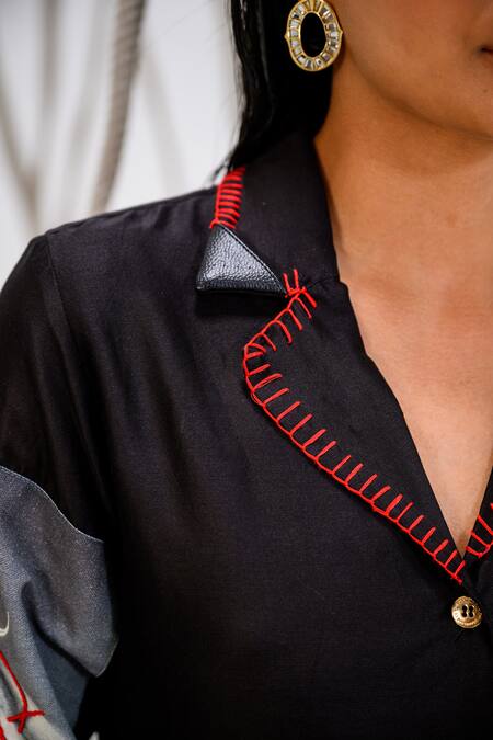 Shop_The Dramebaaz CO_Black Chanderi Floral, Anchor Thread Lapel Collar Flame Print Shirt _Online_at_Aza_Fashions