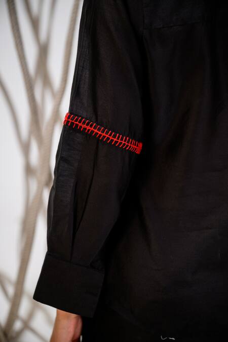 The Dramebaaz CO_Black Chanderi Floral, Anchor Thread Lapel Collar Flame Print Shirt _at_Aza_Fashions