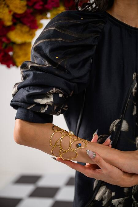 The Dramebaaz CO_Black Chanderi Floral Closed Queen Of Midnight Printed Dress _Online_at_Aza_Fashions