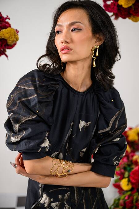 Buy_The Dramebaaz CO_Black Chanderi Floral Closed Queen Of Midnight Printed Dress _Online_at_Aza_Fashions