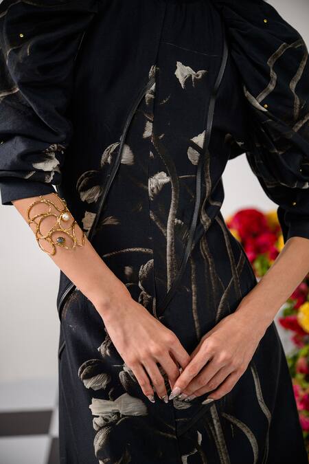 Shop_The Dramebaaz CO_Black Chanderi Floral Closed Queen Of Midnight Printed Dress _Online_at_Aza_Fashions