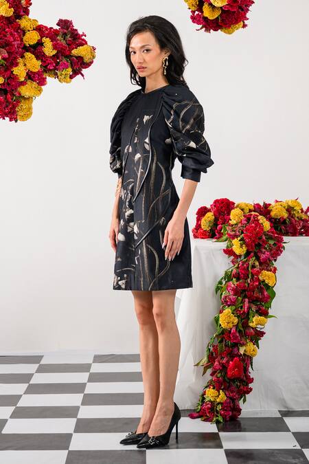 The Dramebaaz CO_Black Chanderi Floral Closed Queen Of Midnight Printed Dress _at_Aza_Fashions