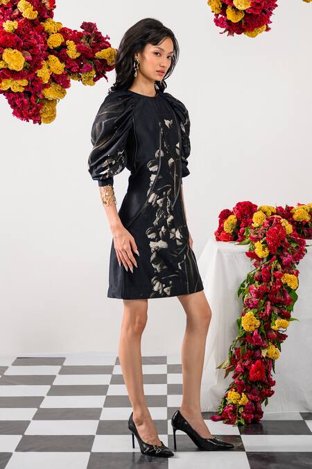 Shop_The Dramebaaz CO_Black Chanderi Floral Closed Queen Of Midnight Printed Dress 