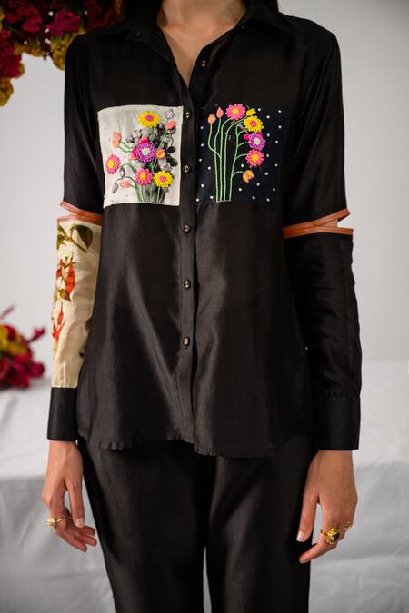 The Dramebaaz CO_Black Chanderi Floral, French Knots, Beads, Anchor Bouquet Embroidered Shirt _Online_at_Aza_Fashions