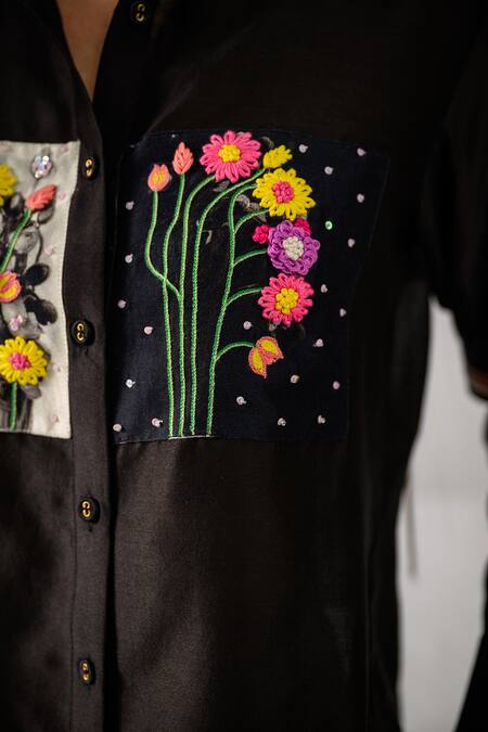 Buy_The Dramebaaz CO_Black Chanderi Floral, French Knots, Beads, Anchor Bouquet Embroidered Shirt _Online_at_Aza_Fashions