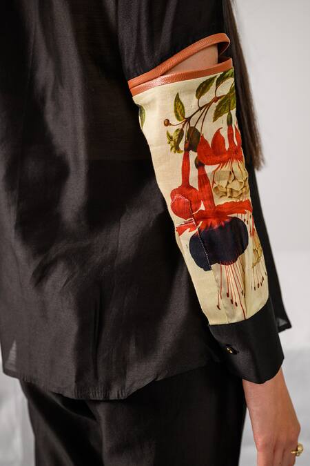 Shop_The Dramebaaz CO_Black Chanderi Floral, French Knots, Beads, Anchor Bouquet Embroidered Shirt _Online_at_Aza_Fashions