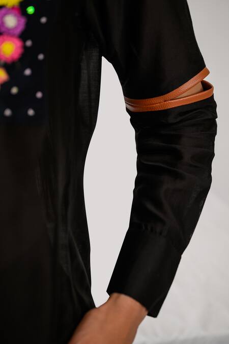 Shop_The Dramebaaz CO_Black Chanderi Floral, French Knots, Beads, Anchor Bouquet Embroidered Shirt 