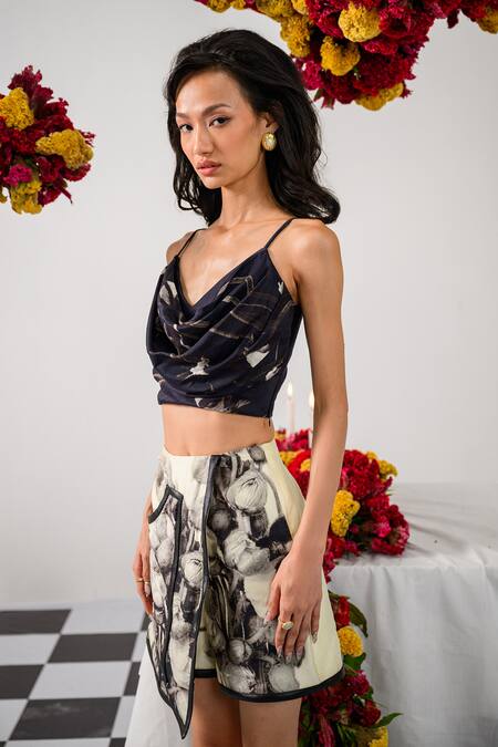 The Dramebaaz CO_Black Chanderi Abstract V Neck Noir Print Cowl Bustier _Online_at_Aza_Fashions