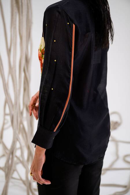 The Dramebaaz CO_Black Chanderi Beads, Rose Closed Petal Poetry Floral Print Shirt _Online_at_Aza_Fashions