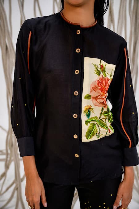 Buy_The Dramebaaz CO_Black Chanderi Beads, Rose Closed Petal Poetry Floral Print Shirt _Online_at_Aza_Fashions