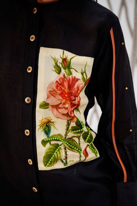 Shop_The Dramebaaz CO_Black Chanderi Beads, Rose Closed Petal Poetry Floral Print Shirt _Online_at_Aza_Fashions