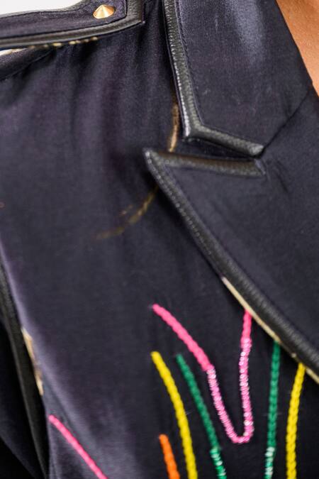 The Dramebaaz CO_Black Chanderi Abstract Floral, Sequins, Aurora Embroidered Short Trench Dress _Online_at_Aza_Fashions