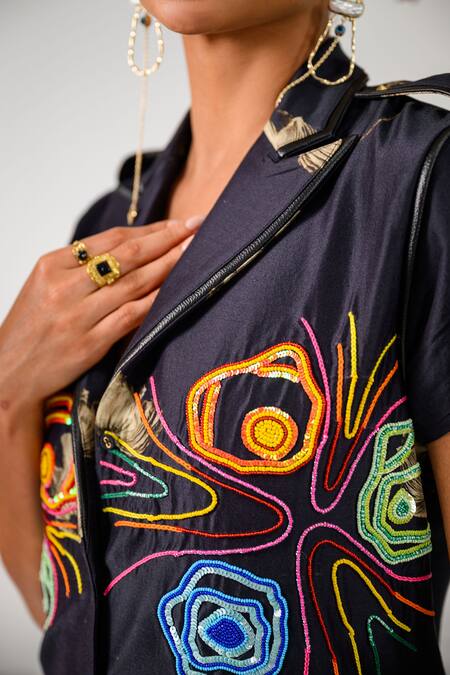 Shop_The Dramebaaz CO_Black Chanderi Abstract Floral, Sequins, Aurora Embroidered Short Trench Dress _Online_at_Aza_Fashions