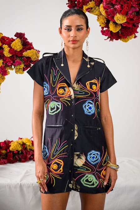 The Dramebaaz Co Aurora Floral Embroidered Short Trench Dress 