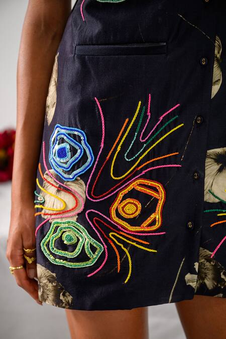 The Dramebaaz CO_Black Chanderi Abstract Floral, Sequins, Aurora Embroidered Short Trench Dress _at_Aza_Fashions