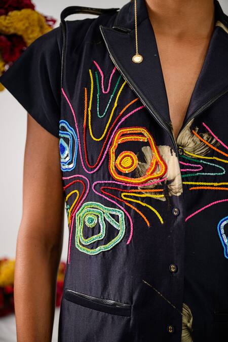 Shop_The Dramebaaz CO_Black Chanderi Abstract Floral, Sequins, Aurora Embroidered Short Trench Dress 