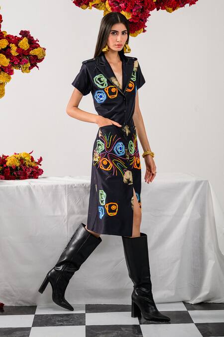 The Dramebaaz CO_Black Chanderi Abstract Floral, Sequins, Aurora Embroidered Trench Dress _Online_at_Aza_Fashions