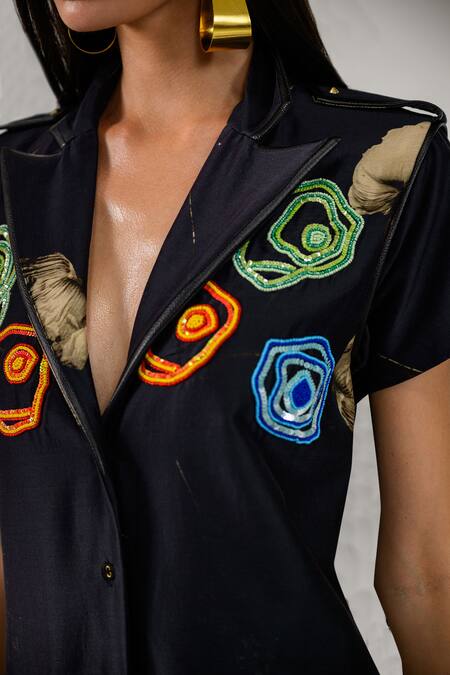 Buy_The Dramebaaz CO_Black Chanderi Abstract Floral, Sequins, Aurora Embroidered Trench Dress _Online_at_Aza_Fashions