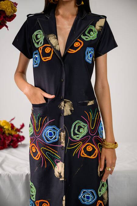 Shop_The Dramebaaz CO_Black Chanderi Abstract Floral, Sequins, Aurora Embroidered Trench Dress _Online_at_Aza_Fashions
