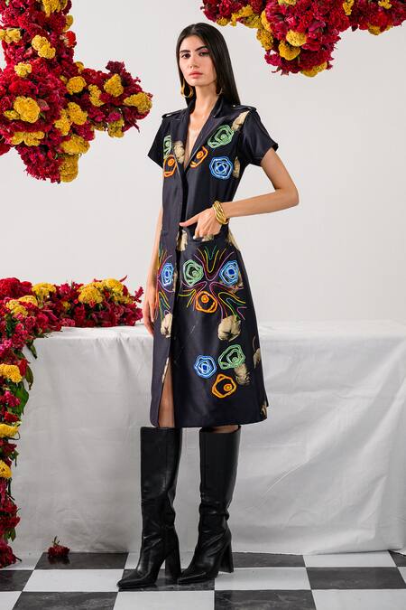 The Dramebaaz CO_Black Chanderi Abstract Floral, Sequins, Aurora Embroidered Trench Dress _at_Aza_Fashions