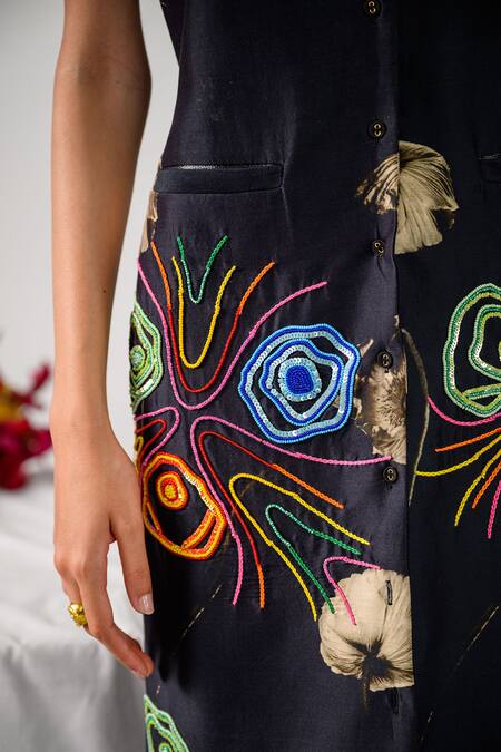 Buy_The Dramebaaz CO_Black Chanderi Abstract Floral, Sequins, Aurora Embroidered Trench Dress 