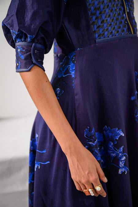 Buy_The Dramebaaz CO_Blue Chanderi Collared Admiral 3d Floral Print Sundress _Online_at_Aza_Fashions