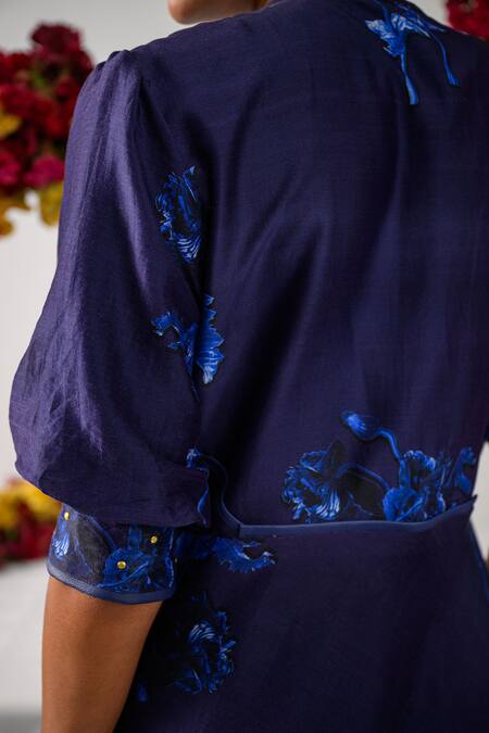 Shop_The Dramebaaz CO_Blue Chanderi Collared Admiral 3d Floral Print Sundress _Online_at_Aza_Fashions