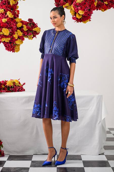 The Dramebaaz CO_Blue Chanderi Collared Admiral 3d Floral Print Sundress _at_Aza_Fashions