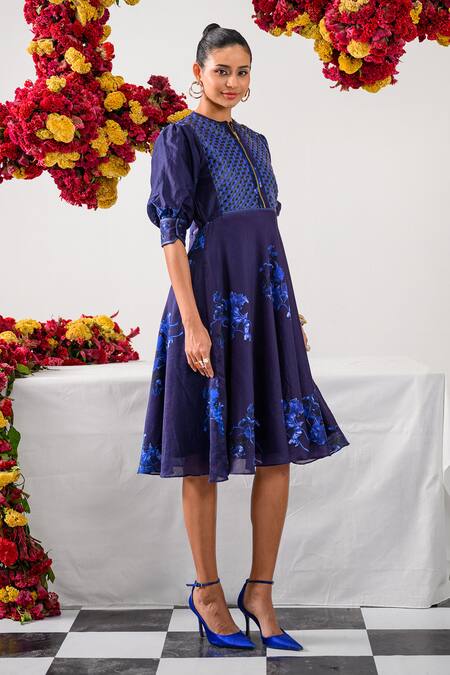 Buy_The Dramebaaz CO_Blue Chanderi Collared Admiral 3d Floral Print Sundress 