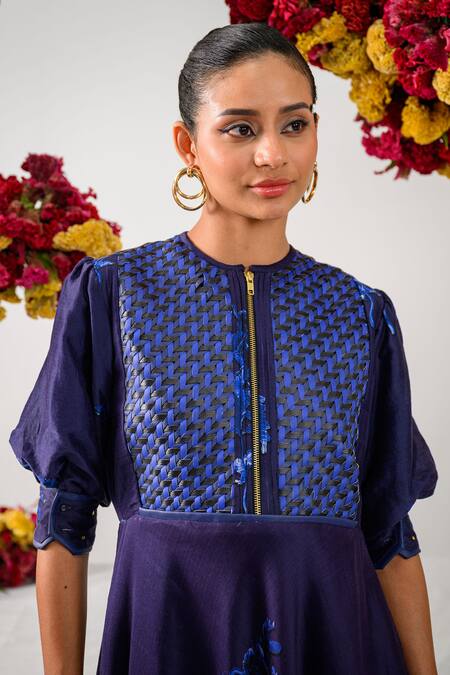 Shop_The Dramebaaz CO_Blue Chanderi Collared Admiral 3d Floral Print Sundress 