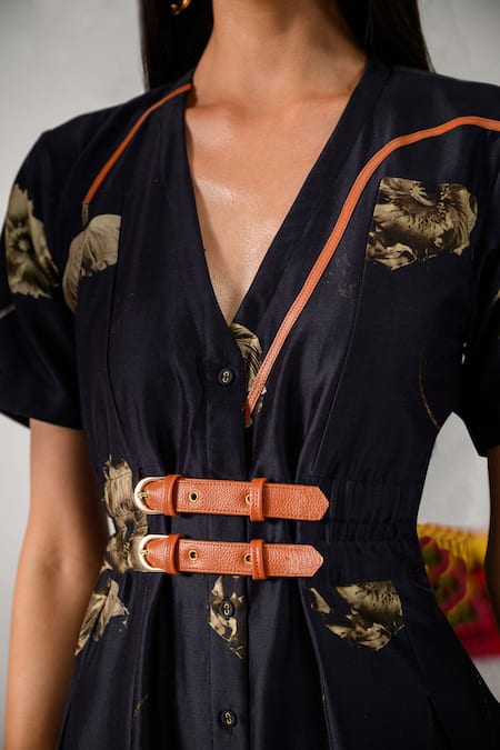 The Dramebaaz CO_Black Chanderi V-neck Floral Print Midi Dress _Online_at_Aza_Fashions