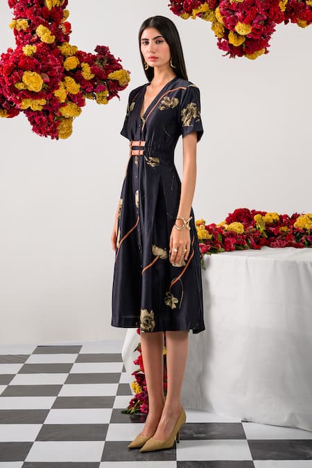 Shop_The Dramebaaz CO_Black Chanderi V-neck Floral Print Midi Dress _Online_at_Aza_Fashions