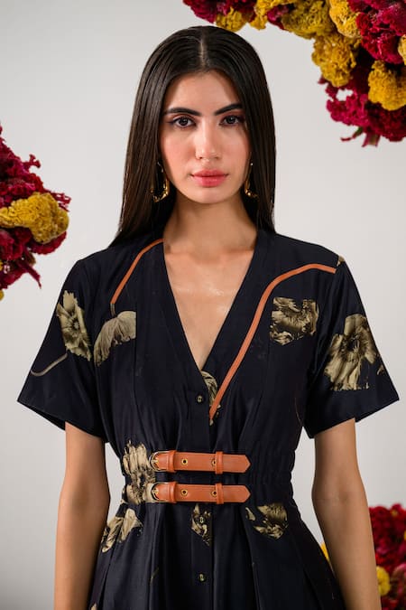 The Dramebaaz CO_Black Chanderi V-neck Floral Print Midi Dress _at_Aza_Fashions