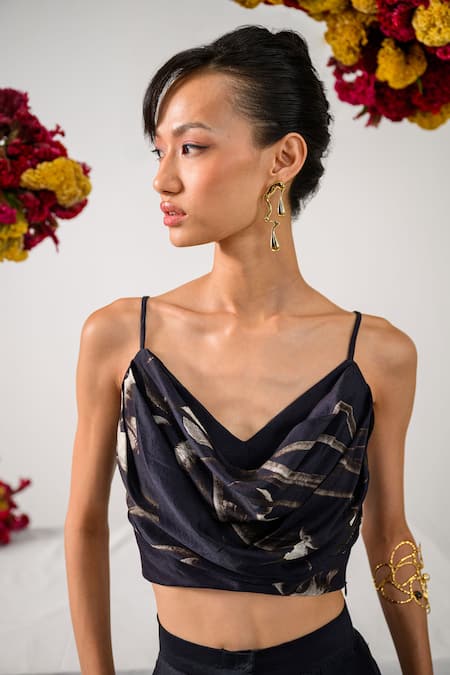 The Dramebaaz CO_Black Chanderi Floral V Neck Midnight Monarch Print Bustier With Pant _Online_at_Aza_Fashions