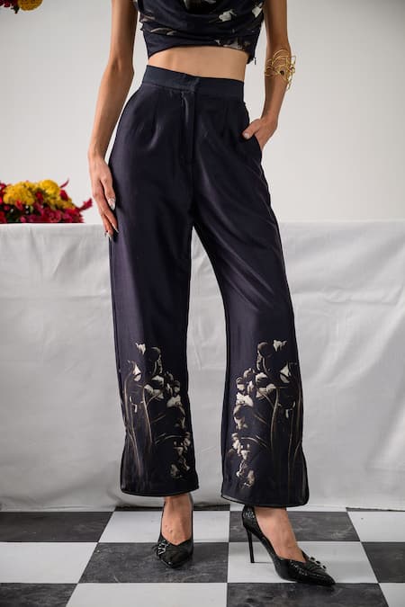 Shop_The Dramebaaz CO_Black Chanderi Floral V Neck Midnight Monarch Print Bustier With Pant _Online_at_Aza_Fashions