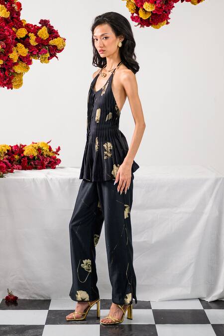 The Dramebaaz CO_Black Chanderi Floral Halter Shadow Queen Printed Top With Pant _Online_at_Aza_Fashions