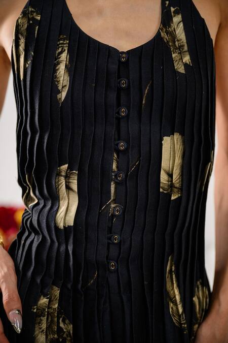 Buy_The Dramebaaz CO_Black Chanderi Floral Halter Shadow Queen Printed Top With Pant _Online_at_Aza_Fashions