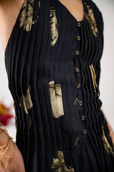 Shop_The Dramebaaz CO_Black Chanderi Floral Halter Shadow Queen Printed Top With Pant _Online_at_Aza_Fashions