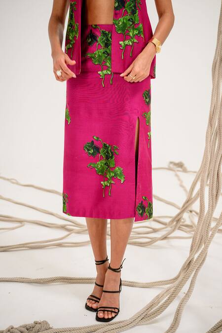 The Dramebaaz CO_Pink Chanderi Embroidery Green Floral Print Blazer And Skirt Set _Online_at_Aza_Fashions