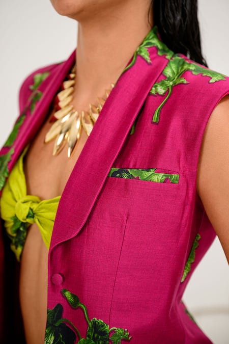 Shop_The Dramebaaz CO_Pink Chanderi Embroidery Green Floral Print Blazer And Skirt Set _Online_at_Aza_Fashions