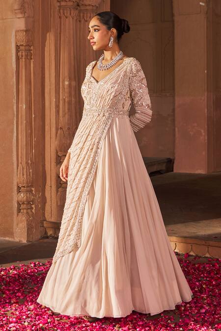 Nidhika Shekhar Pink Georgette, Linen Sequins, Embroidery V-neck Anarkali With Belt Online at Aza Fashions Nidhika Shekhar_Pink Georgette, Linen Sequins, Embroidery V-neck Anarkali With Belt _Online_at_Aza_Fashions