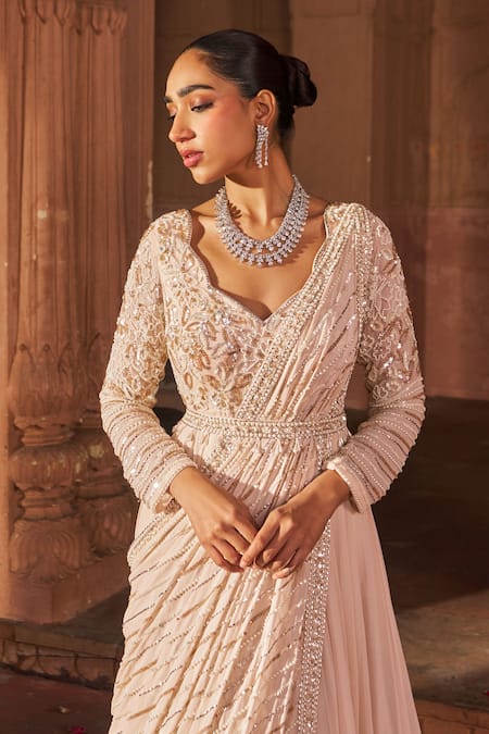 Buy Nidhika Shekhar Pink Georgette, Linen Sequins, Embroidery V-neck Anarkali With Belt Online at Aza Fashions Buy_Nidhika Shekhar_Pink Georgette, Linen Sequins, Embroidery V-neck Anarkali With Belt _Online_at_Aza_Fashions