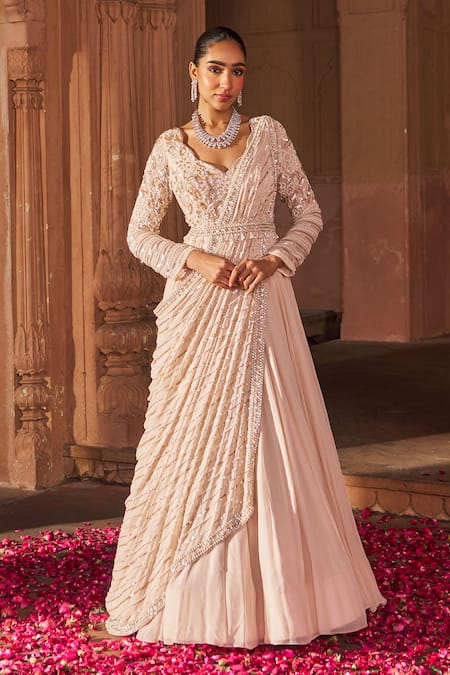 Shop Nidhika Shekhar Pink Georgette, Linen Sequins, Embroidery V-neck Anarkali With Belt Online at Aza Fashions Shop_Nidhika Shekhar_Pink Georgette, Linen Sequins, Embroidery V-neck Anarkali With Belt _Online_at_Aza_Fashions